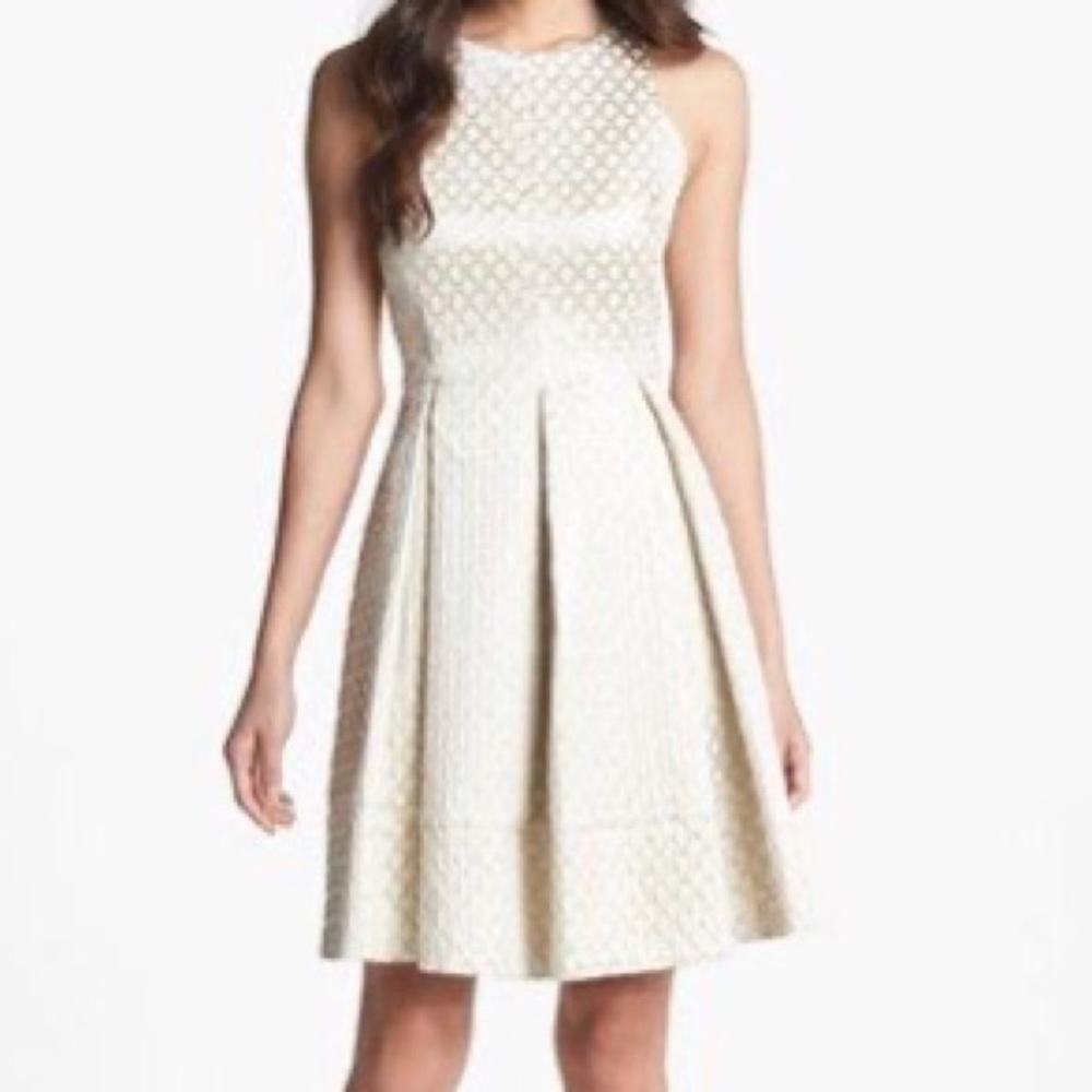 Eliza J gold and cream jacquard dress
